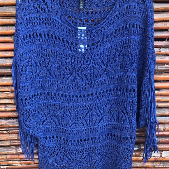 WHBM Open Knit Fringe Poncho Top S - Picture 4 of 9